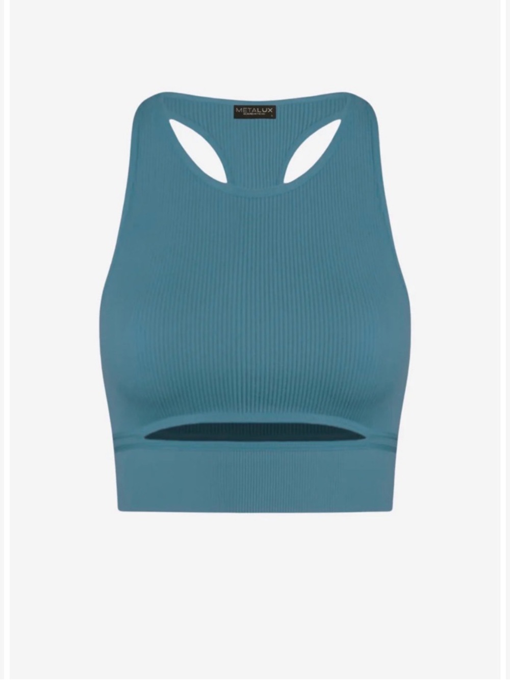 MetaLux Ribbed Cutout Racerback Crop Top - Grey/Teal (Size: One Size)
